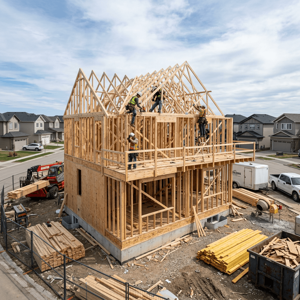 Workers building wooden frame of a two-story house under construction in a suburban neighborhood