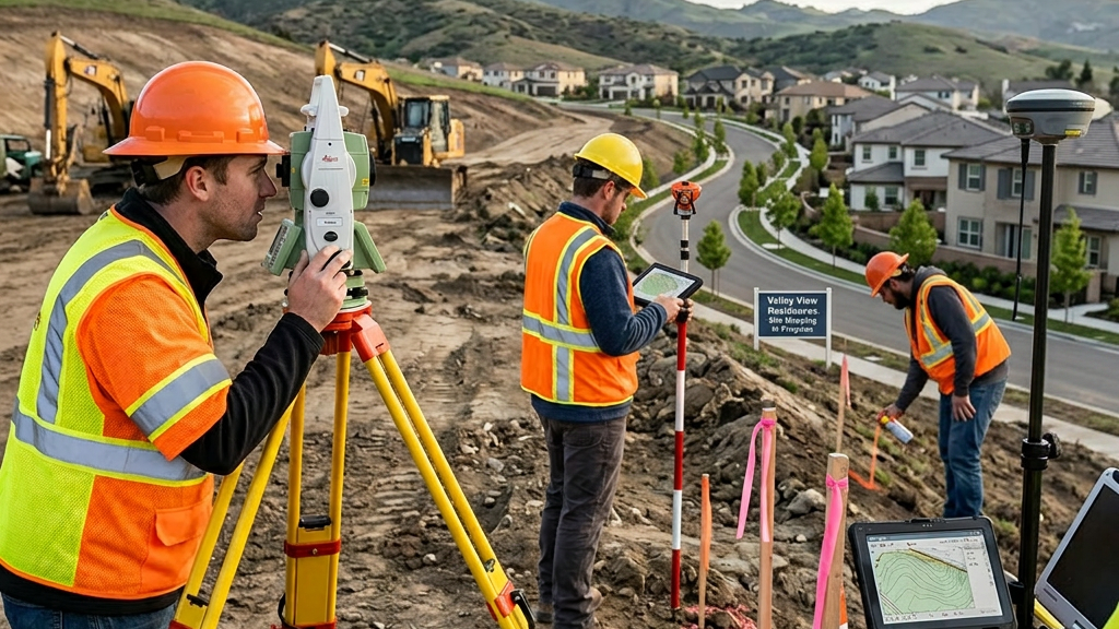 Three surveyors in high-visibility safety vests and helmets using surveying instruments on a dirt hillside